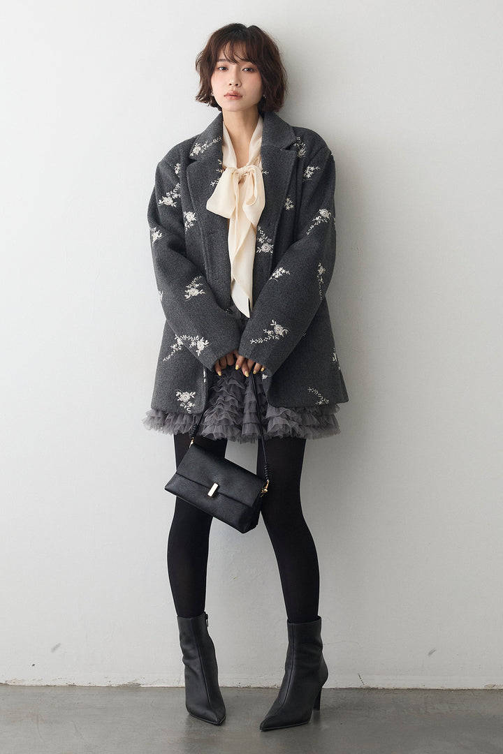 [予約/SET]フラワーエンブロイダリーモッサジャケット+ホイップチュールミニ丈スカート(2set)