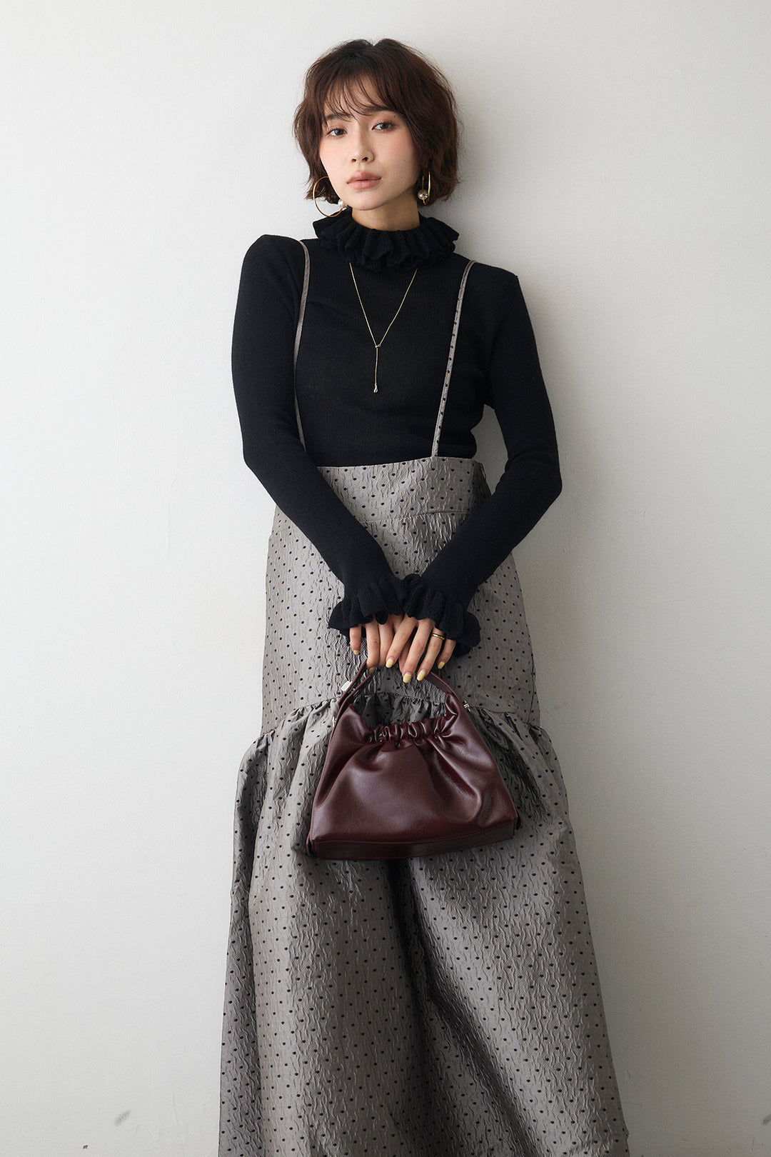 [予約/SET]ダブルフリルカラーニットプルオーバー+ドットジャガードギャザーフレアスカート(2set)