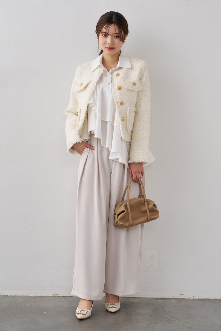 [予約/SET]アシメフリルティアードシャツ+フリンジツイードゴールドボタンジャケット+エステルツイルタックワイドカラーパンツ(3set)