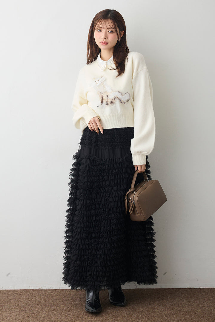 [予約/SET]2連パール付け襟+シャギーリボンキャットモチーフニットPO+ホイップチュールティアードスカート(3set)