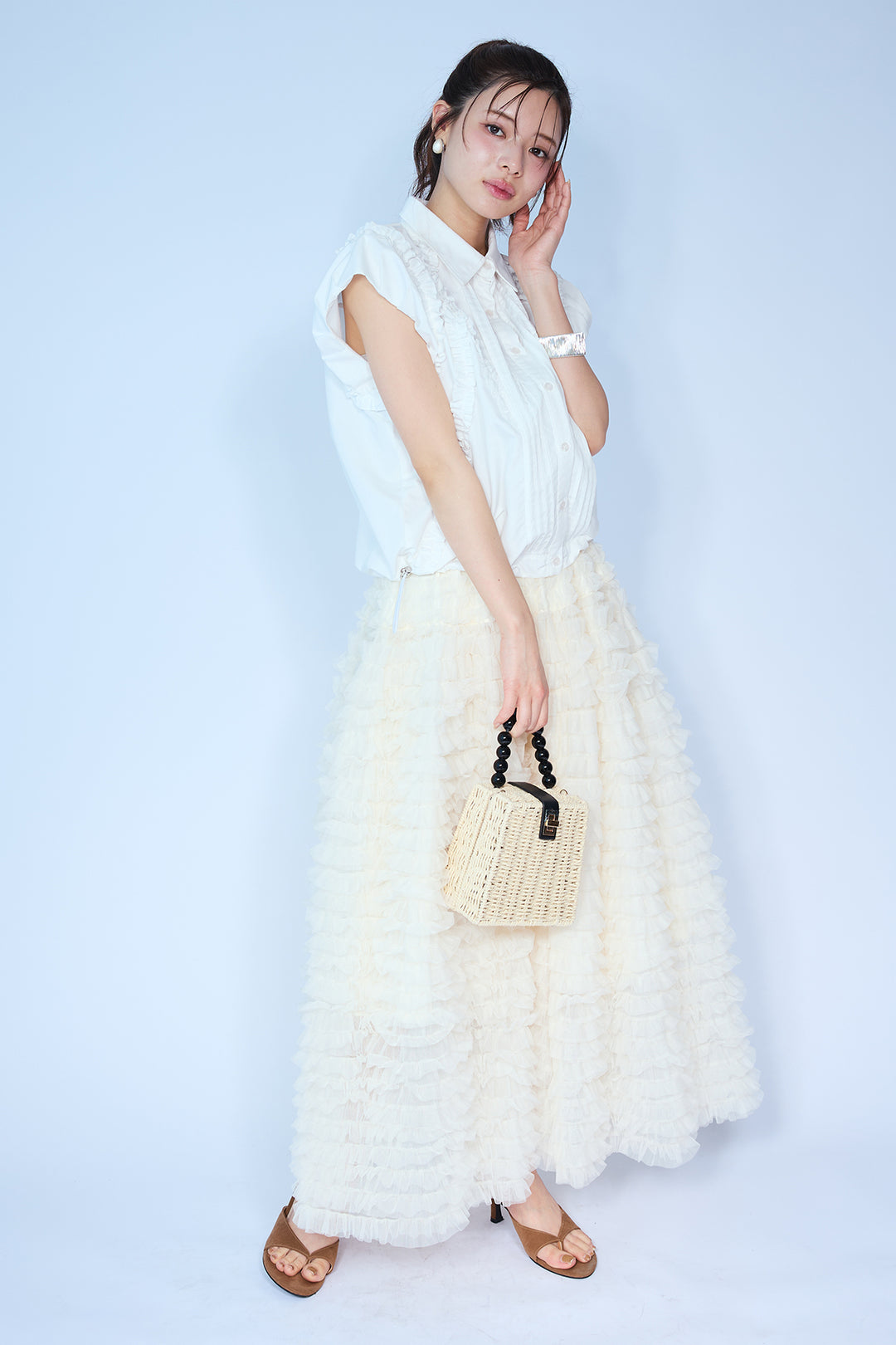 [予約/SET]ミックスフリルピンタックサイドドロストブラウス+ホイップチュールティアードスカート(2set)