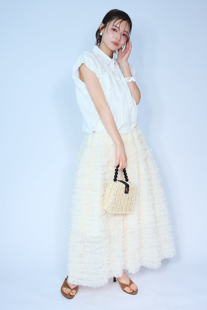 [予約/SET]ミックスフリルピンタックサイドドロストブラウス+ホイップチュールティアードスカート(2set)