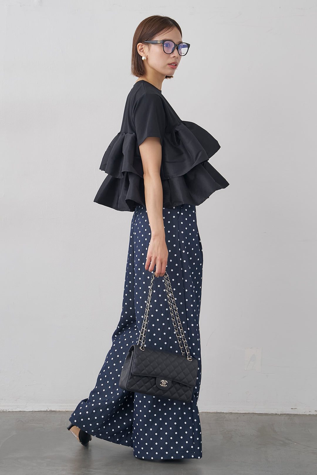 [予約/SET]ナイロンフリルドッキングTシャツ+ハイウエストドットデニムパンツ(2set)