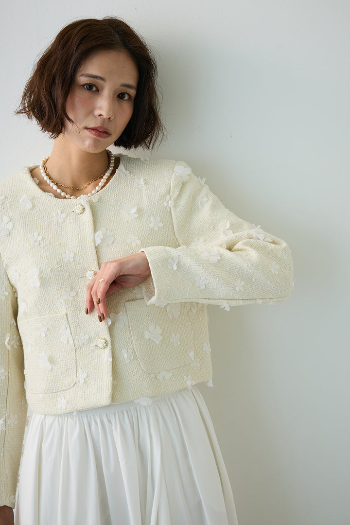 [予約/SET]フラワーモチーフツイードジャケット+ギャザーフレア綿タッチスカート(2set)