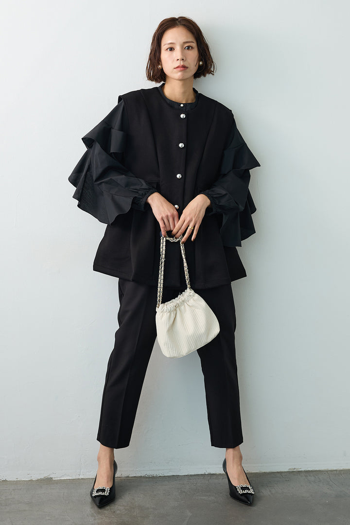 [予約/SET]ティアードフリルスリーブパールボタンブラウス+ペプラムラインシルバーボタンジレ+タックテーパードパンツ(3set)