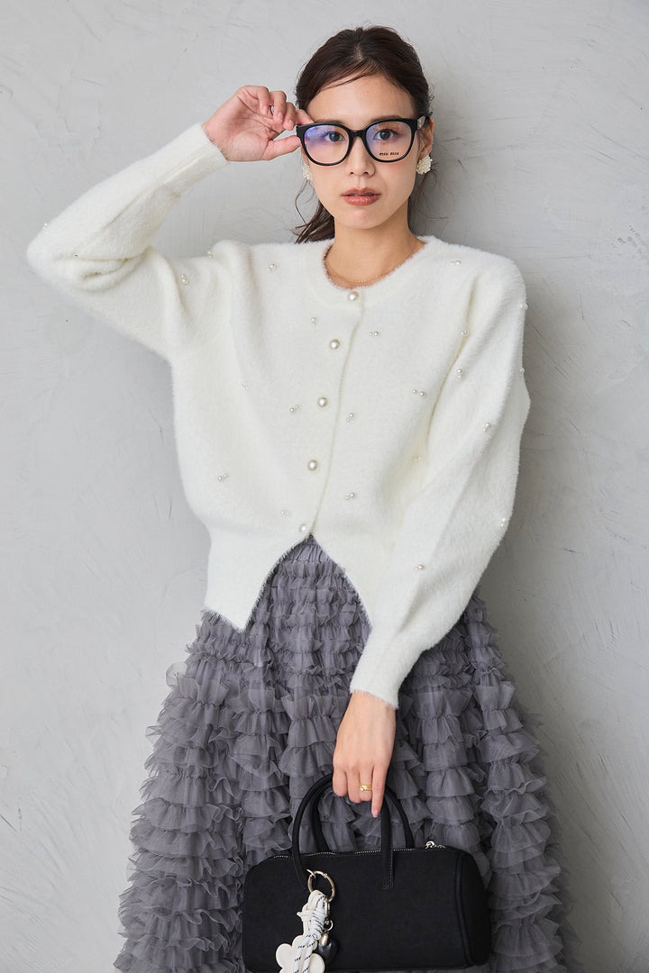 [予約/SET]ミックスパールシャギーコーディガン+ホイップチュールティアードスカート(2set)