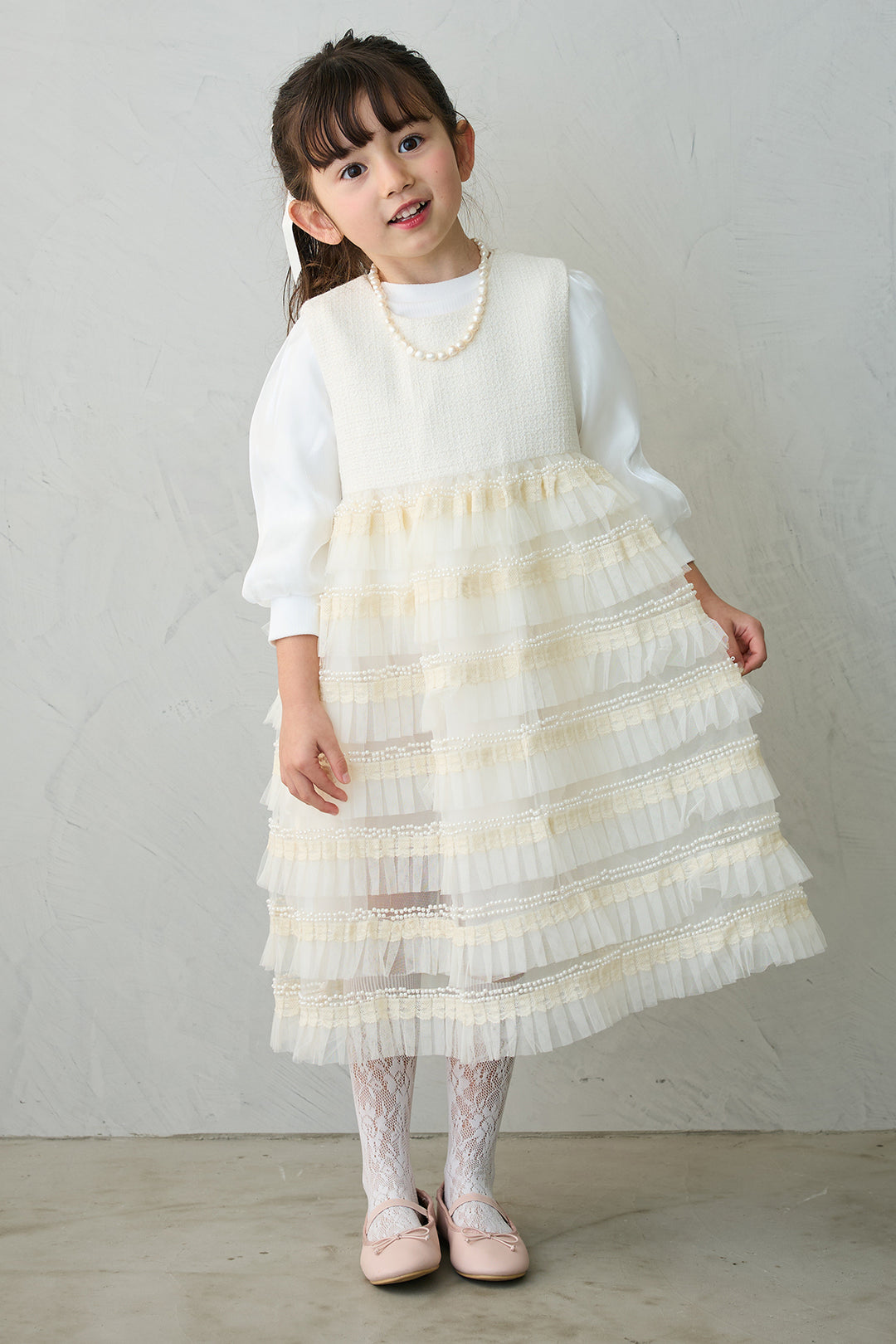 [予約/親子SET][kids]ティアードプリーツパールワンピセット+ツイード×チュールレイヤードクロップドジャケット+ホイップチュールティアードスカート(3set)