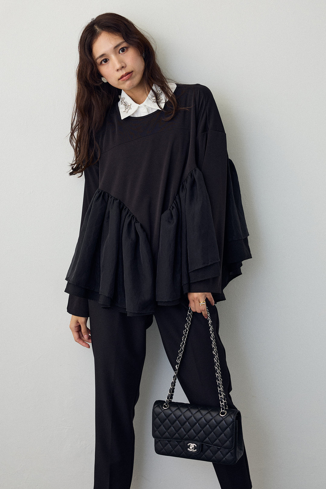 [予約/SET]フリルテール異素材切替チュニック+タックテーパードパンツ(2set)