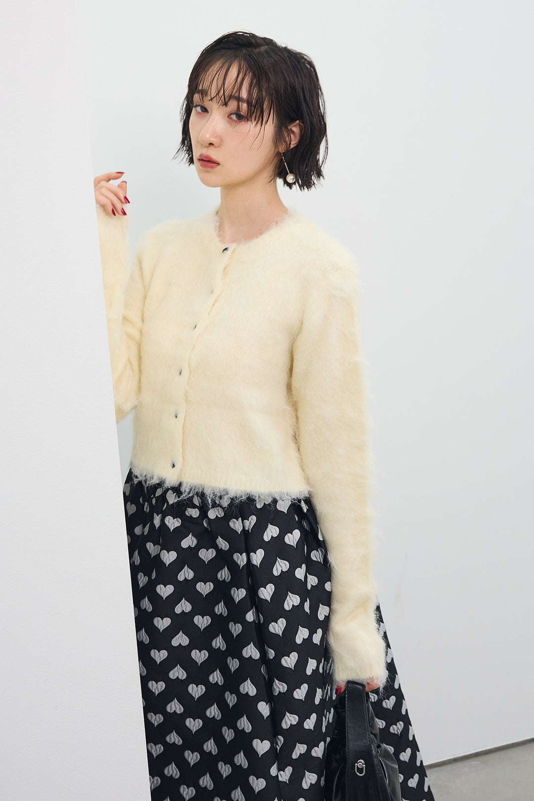 [予約/SET]モヘアタッチクロップドニットカーデ+ハートジャガードフレアスカート(2set)