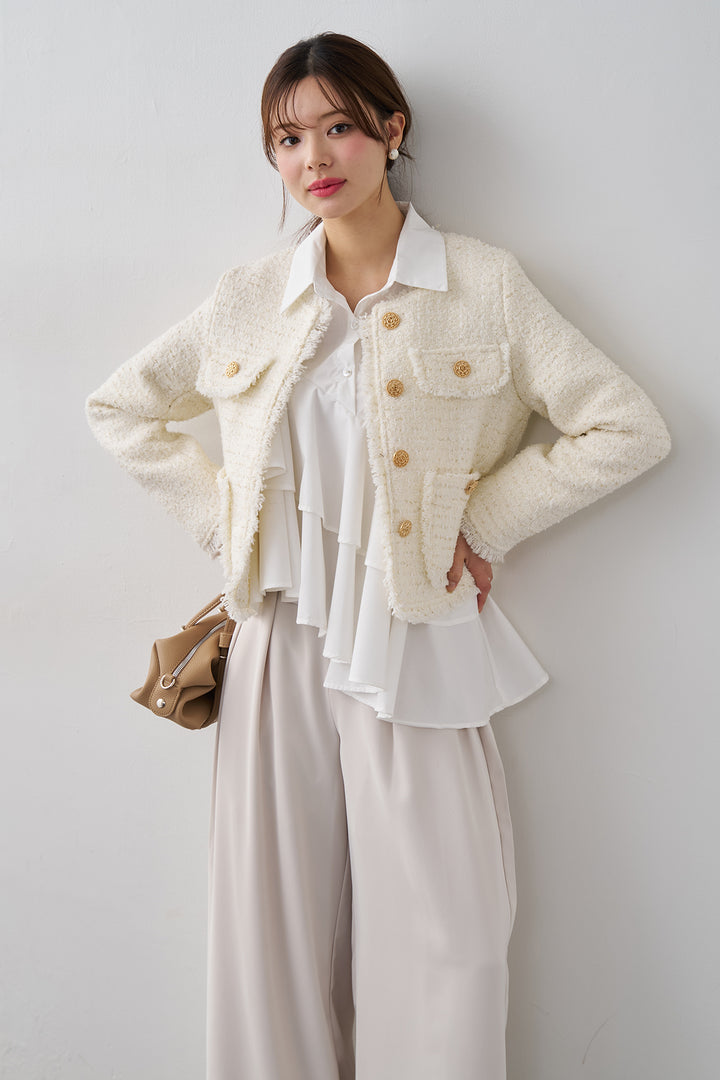 [予約/SET]フリンジツイードゴールドボタンジャケット+エステルツイルタックワイドカラーパンツ(2set)