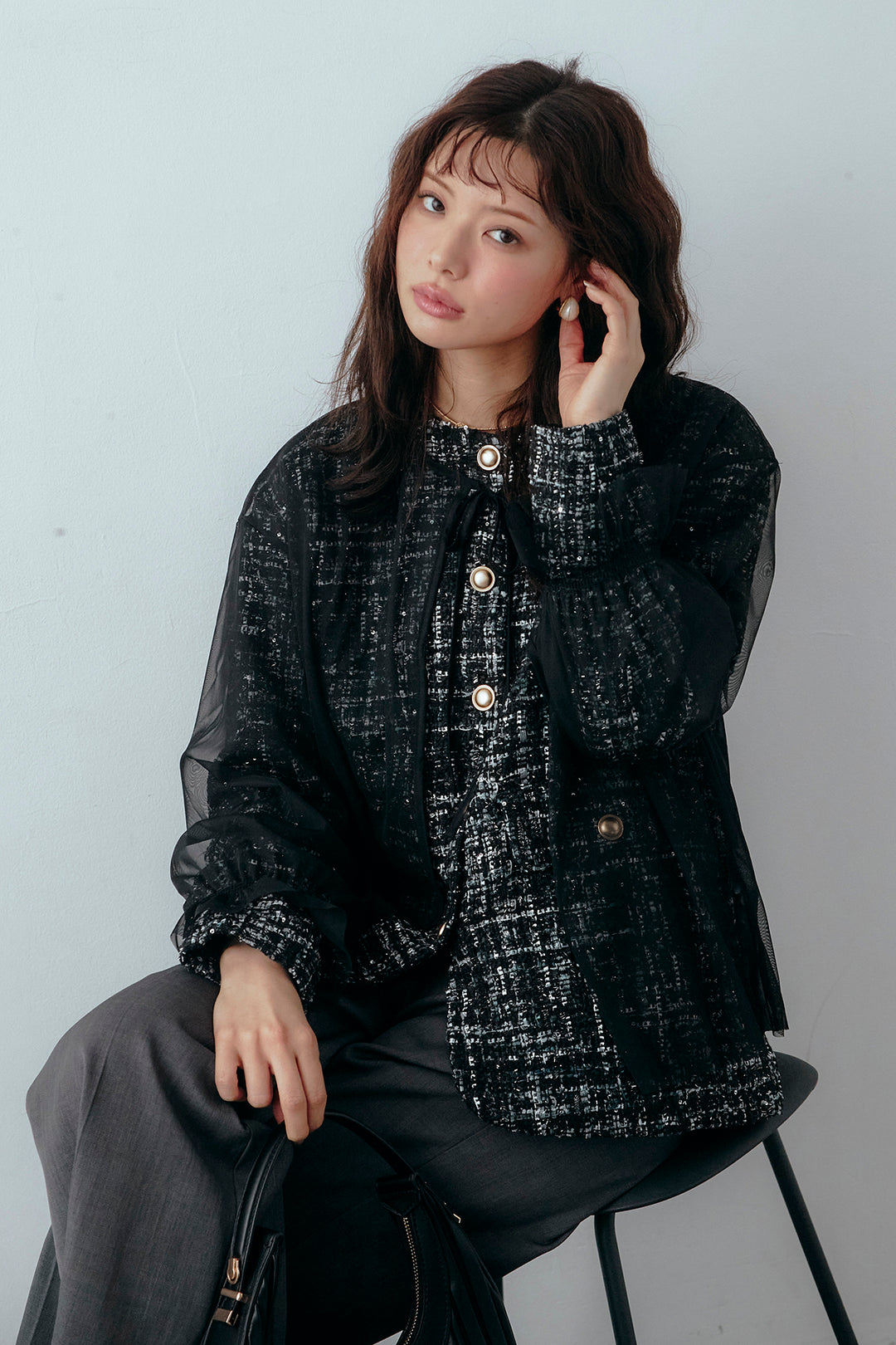 [予約/SET]2wayチュールレイヤードツイードジャケット+スプリングカラータックストレートパンツ(2set)