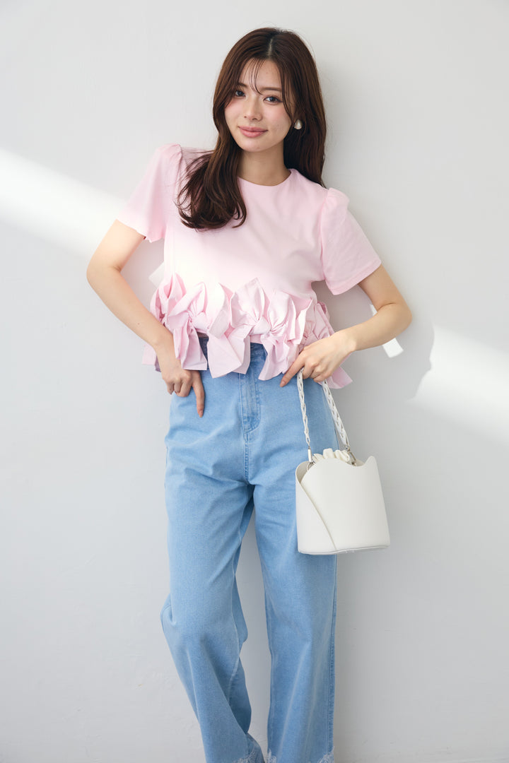 [予約/SET]リボンヘムデザインTシャツ+【接触冷感】ヘムレースデニムパンツ(2set)