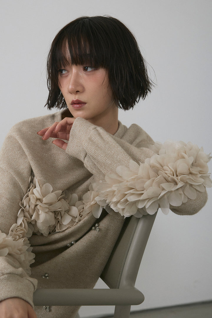 [予約/SET]フラワーモチーフ×ビジューデザインニット+シャイニープリーツサテンスカート(2set)