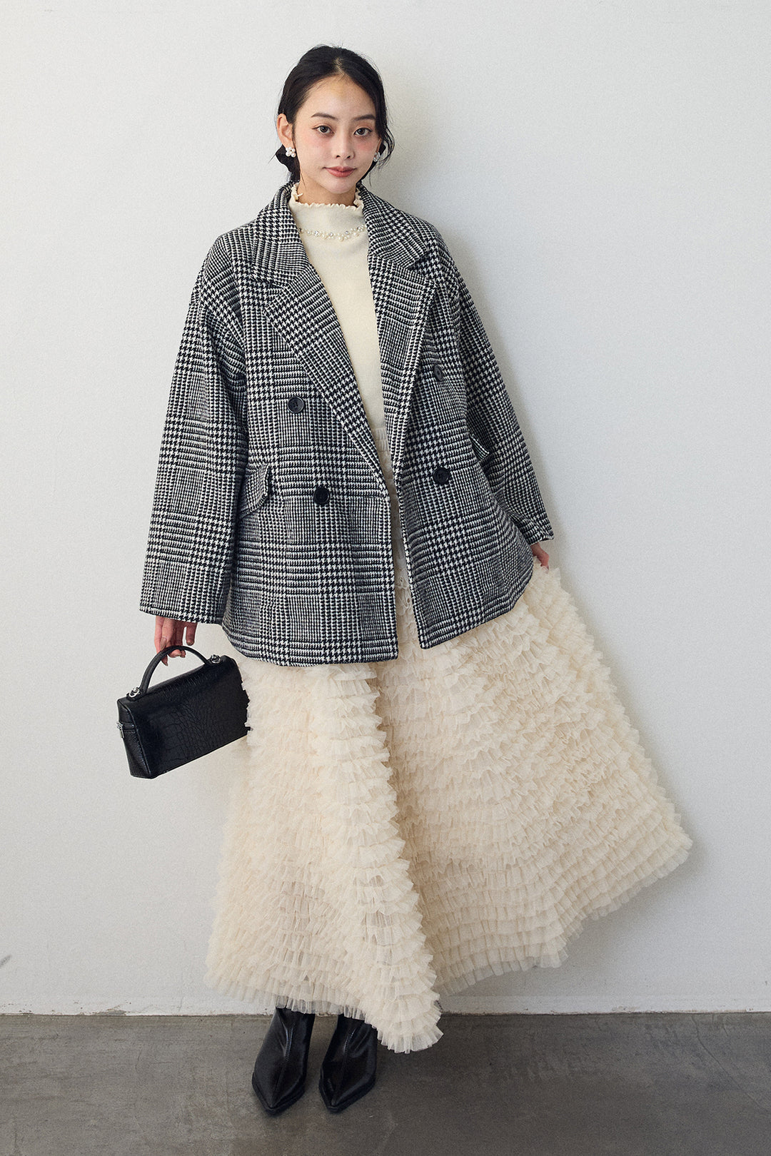 [予約/SET]チェック柄ボクシーコート+ホイップチュールティアードスカート(2set)