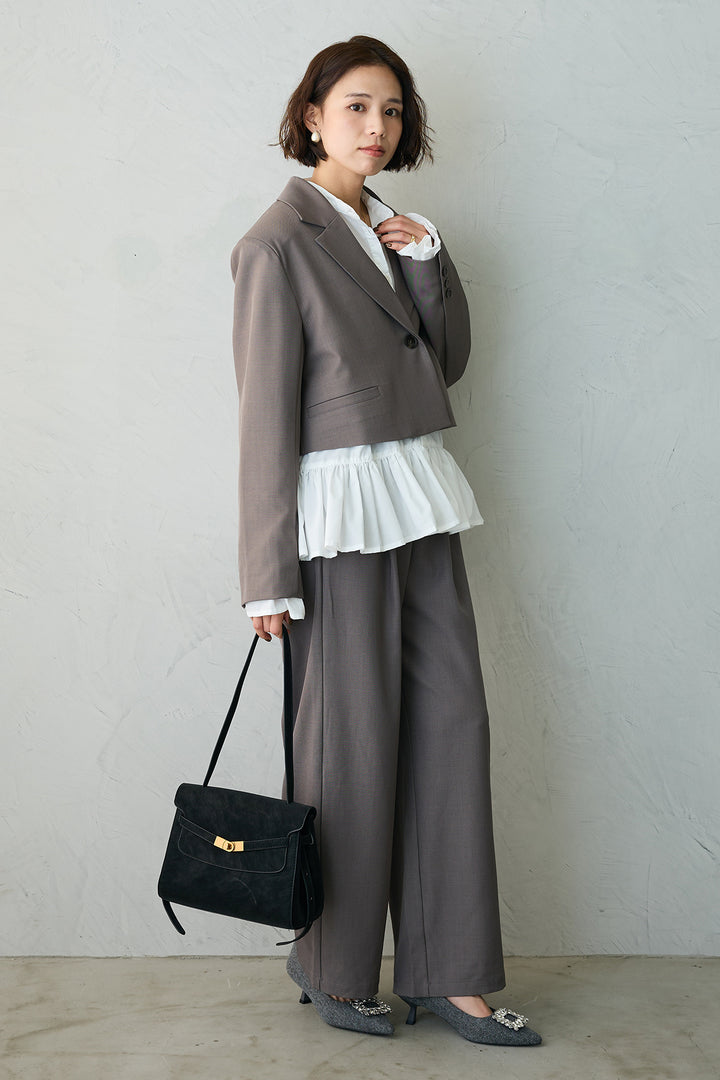 [予約/SET]フリルヘムスリーブブラウス+クロップドマニッシュシンプルジャケット+ツイルシンプルストレートパンツ(3set)