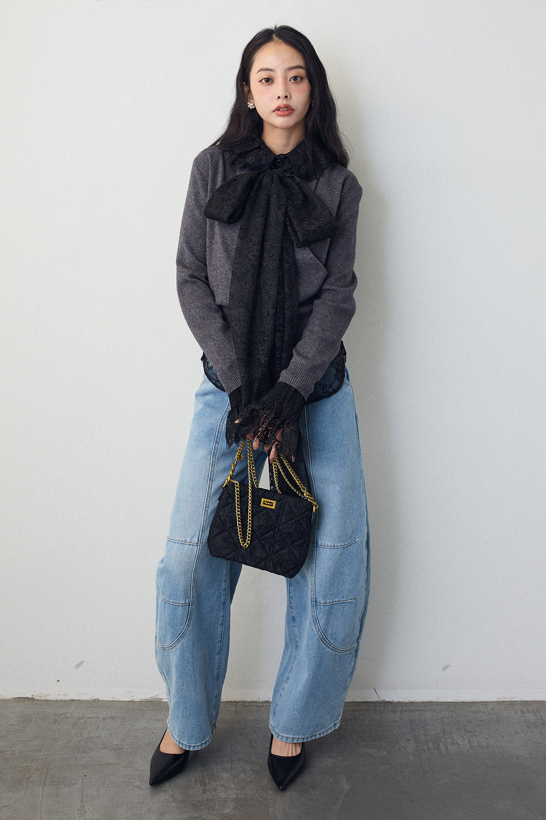 [予約/SET]クラシカルレースボウタイブラウス+カシュクールデザインニット(2set)