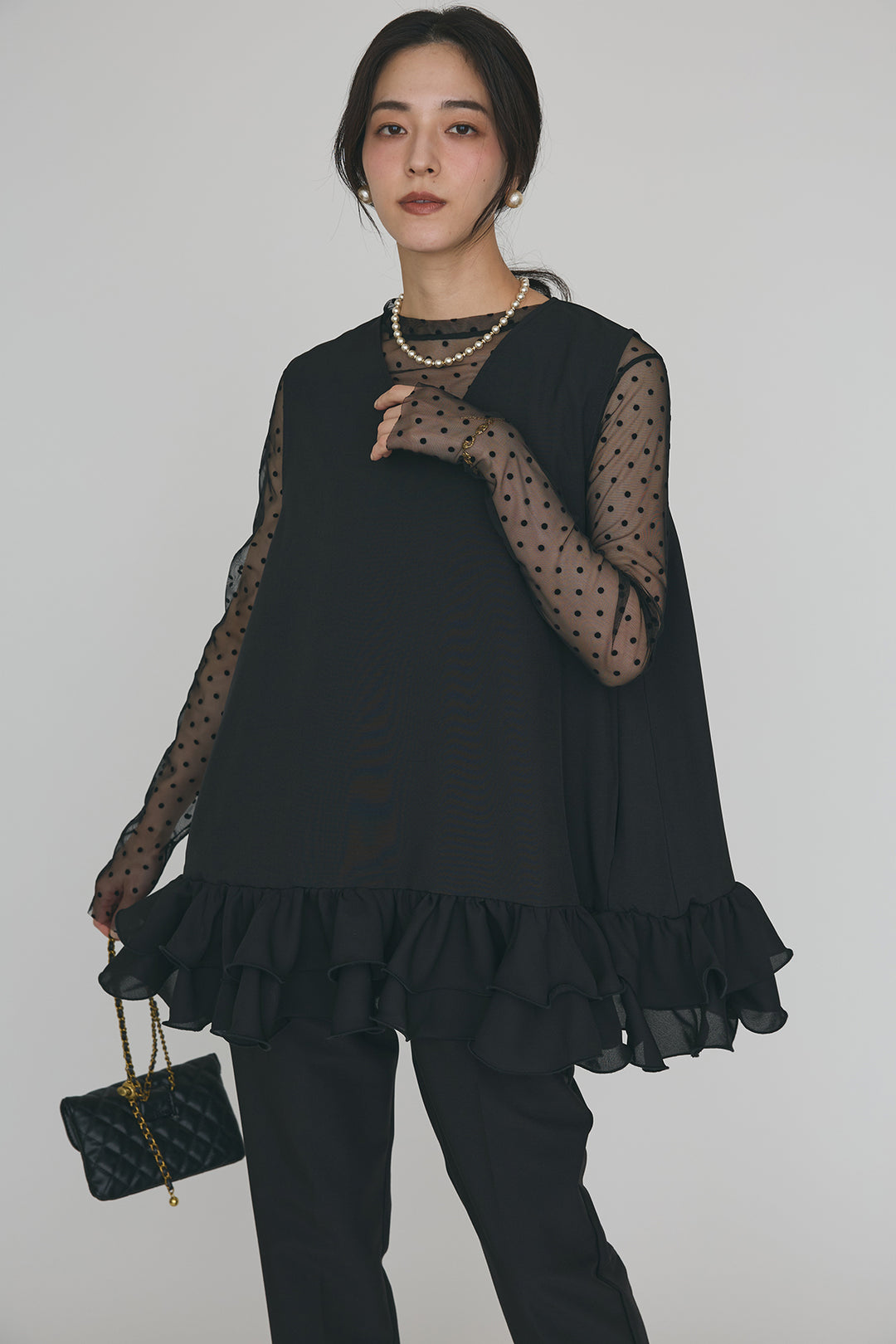 [予約/SET]異素材フリルヘムVネックチュニック+タックテーパードパンツ(2set)