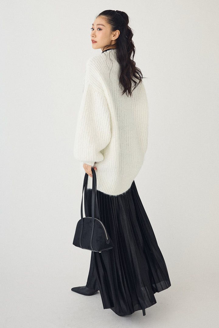 [予約/SET]ビーズフラワースパンコールシャイニーニットカーデ+シャイニープリーツサテンスカート(2set)