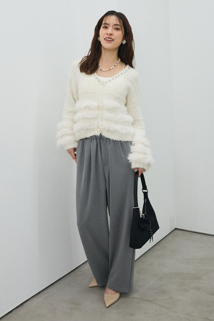 [予約/SET]ネックビジューラインファーニットカーデ+2タック美シルエットパンツ(2set)