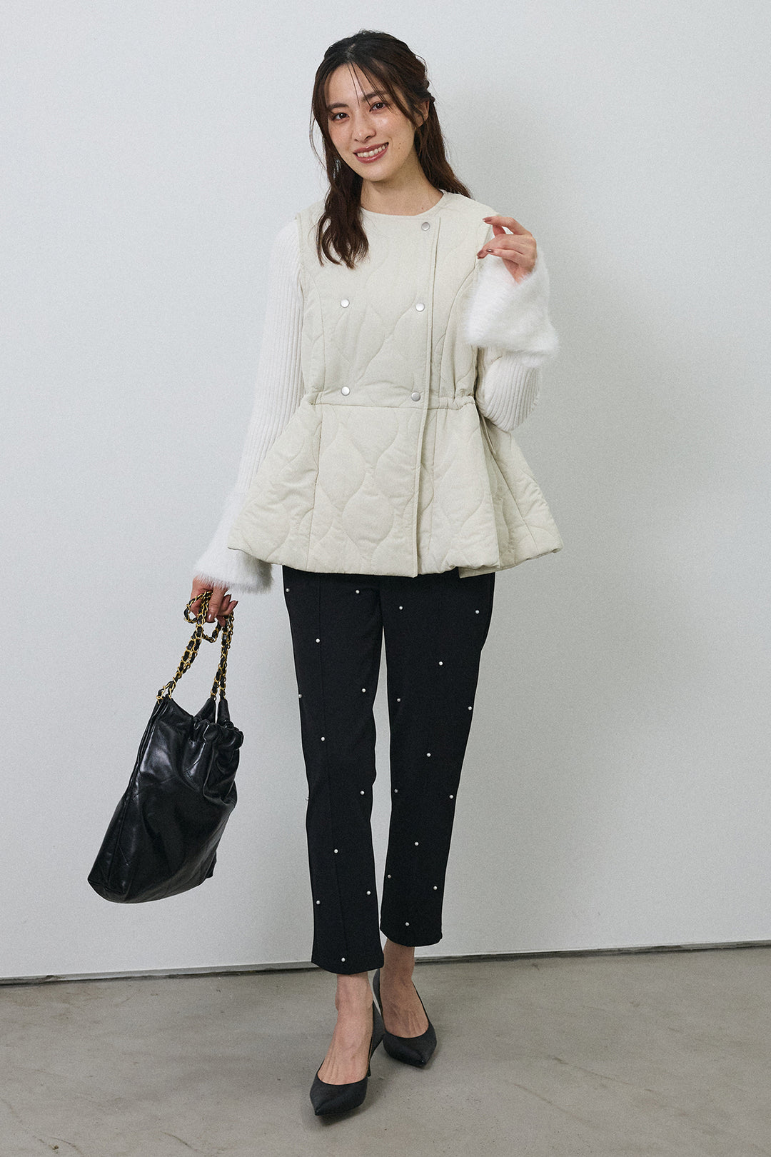 [予約/SET]フェザー切替スリーブフレアニット+キルティングフレアシルエットベスト(2set)