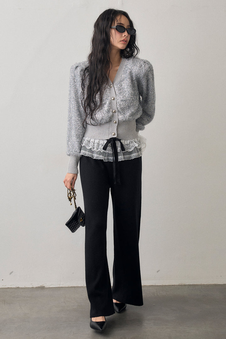 [予約/SET]コンシャスショルダーシャイニーニットカーデ+ウエストレースニットストレートパンツ(2set)