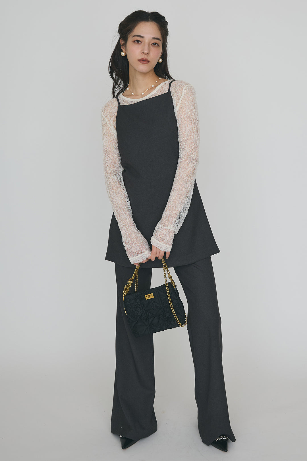 [予約/SET]ストレッチ繊細レーストップス+バックリボン美シルエットキャミチュニック+美脚セミフレアパンツ(3set)