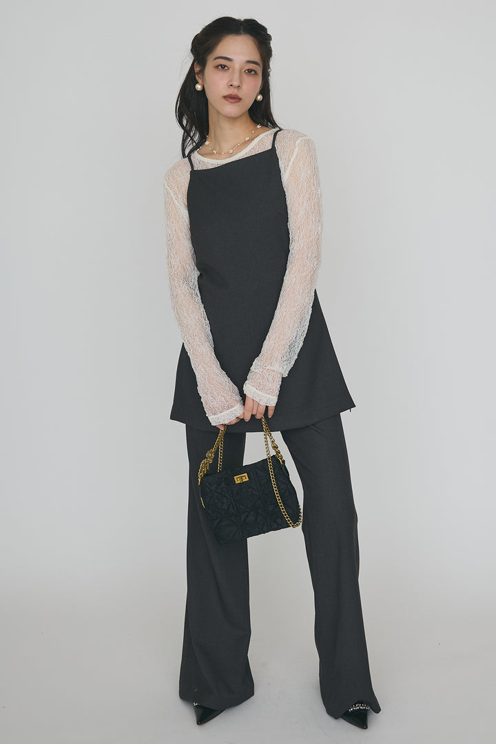 [予約/SET]ストレッチ繊細レーストップス+バックリボン美シルエットキャミチュニック+美脚セミフレアパンツ(3set)