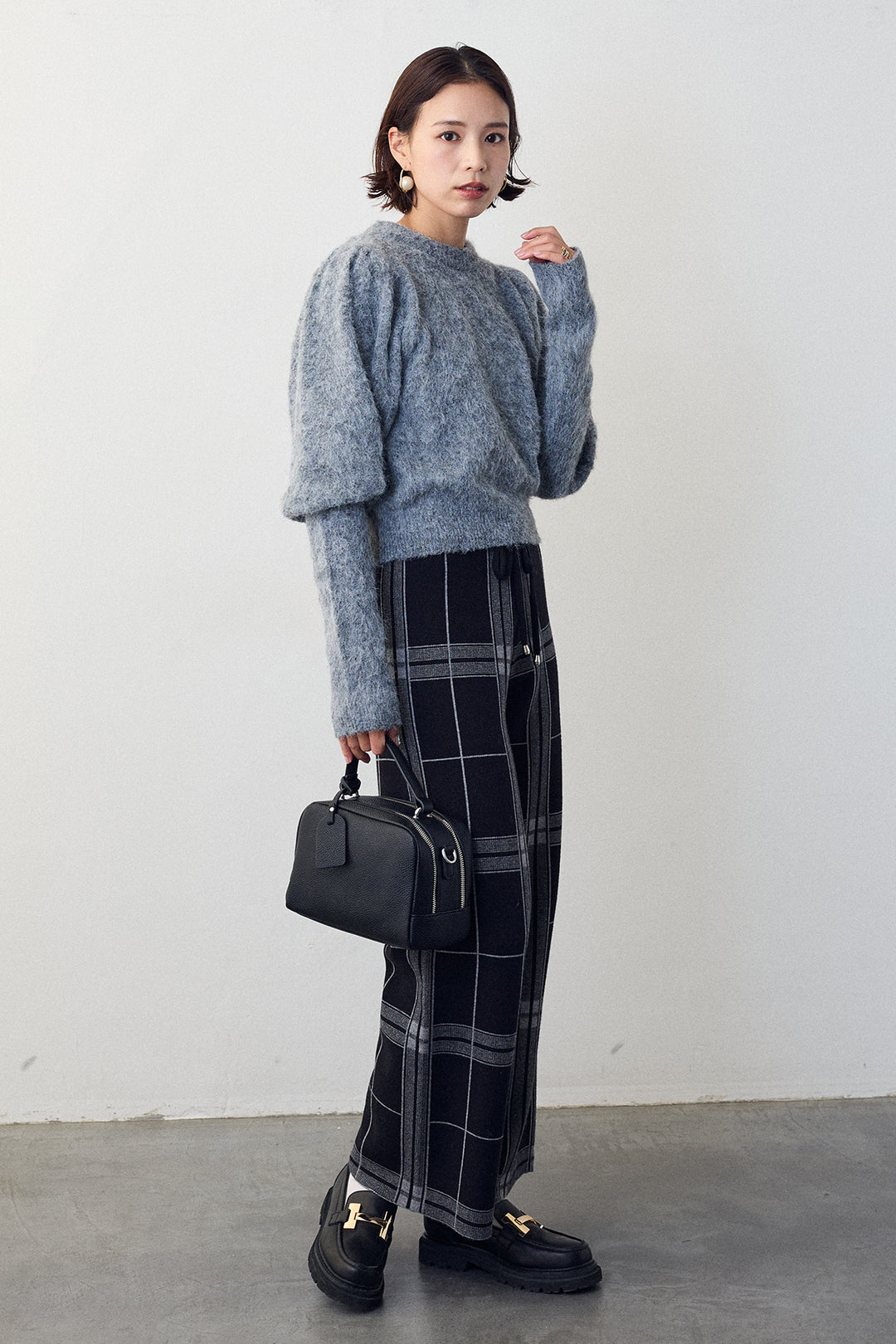 [予約/SET]モヘアパフスリーブプルオーバー+チェック柄ニットストレートパンツ(2set)