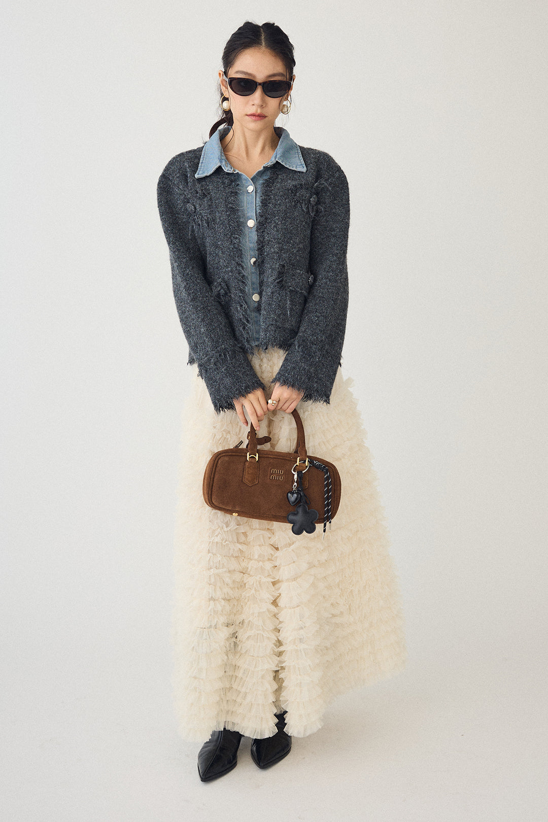 [予約/SET]デニムシャツドッキングツイードカーデ+ホイップチュールティアードスカート(2set)