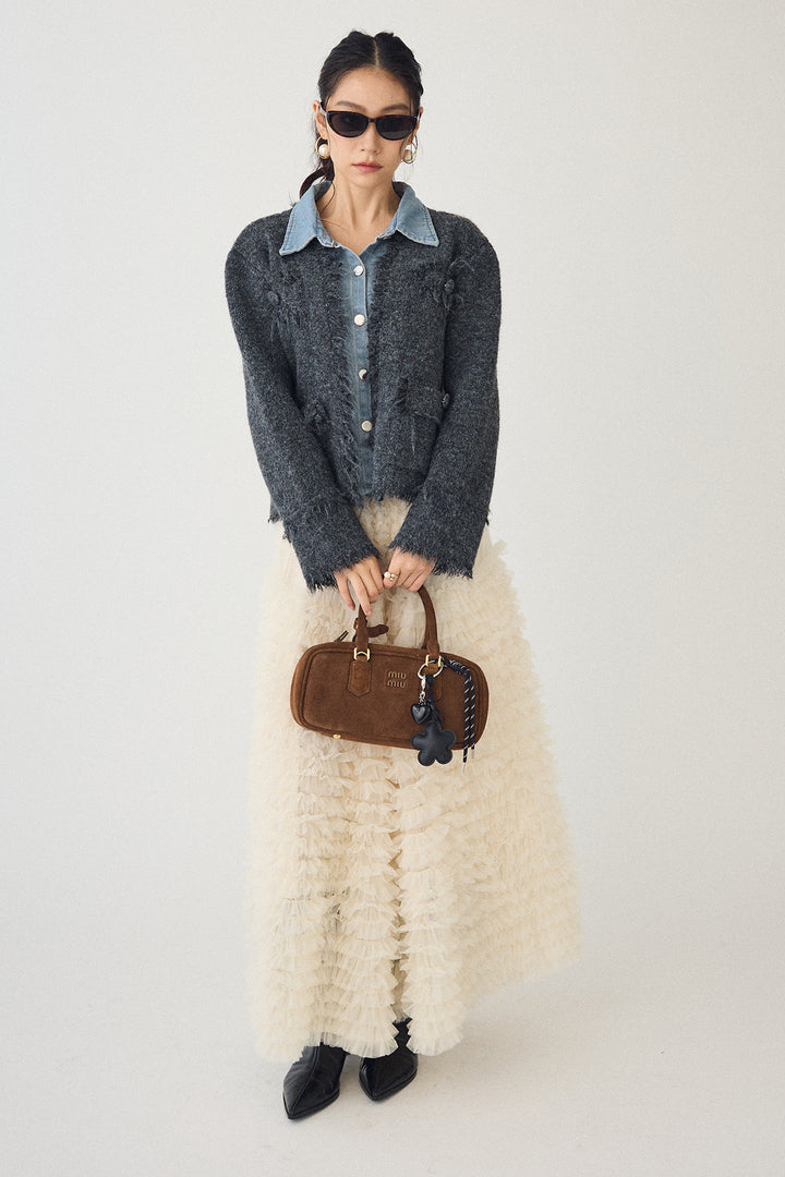 [予約/SET]デニムシャツドッキングツイードカーデ+ホイップチュールティアードスカート(2set)