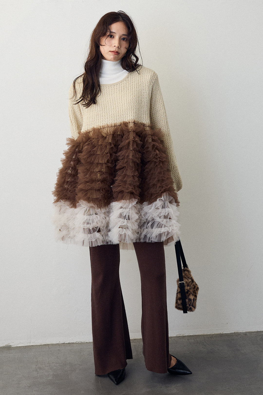 [予約/SET]ホイップチュールドッキングニットワンピ+リブストレッチフレアニットパンツ(2set)