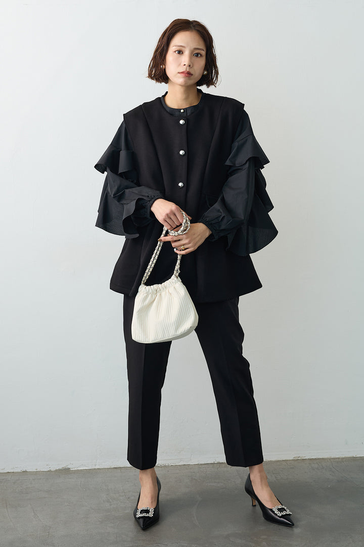 [予約/SET]ティアードフリルスリーブパールボタンブラウス+ペプラムラインシルバーボタンジレ(2set)