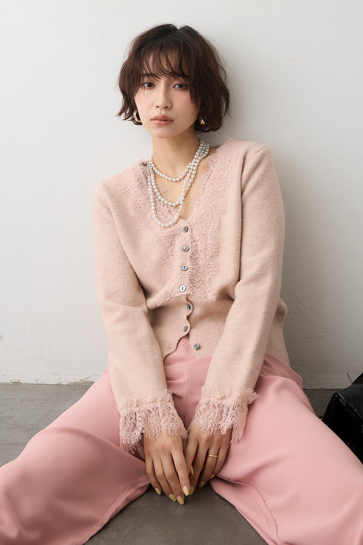 [予約/SET]レースVラインボタンニット+とろみドロストワイドパンツ(2set)