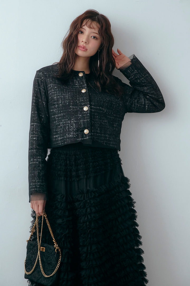 [予約/SET]ツイード×チュールレイヤードクロップドジャケット+ホイップチュールティアードスカート(2set)