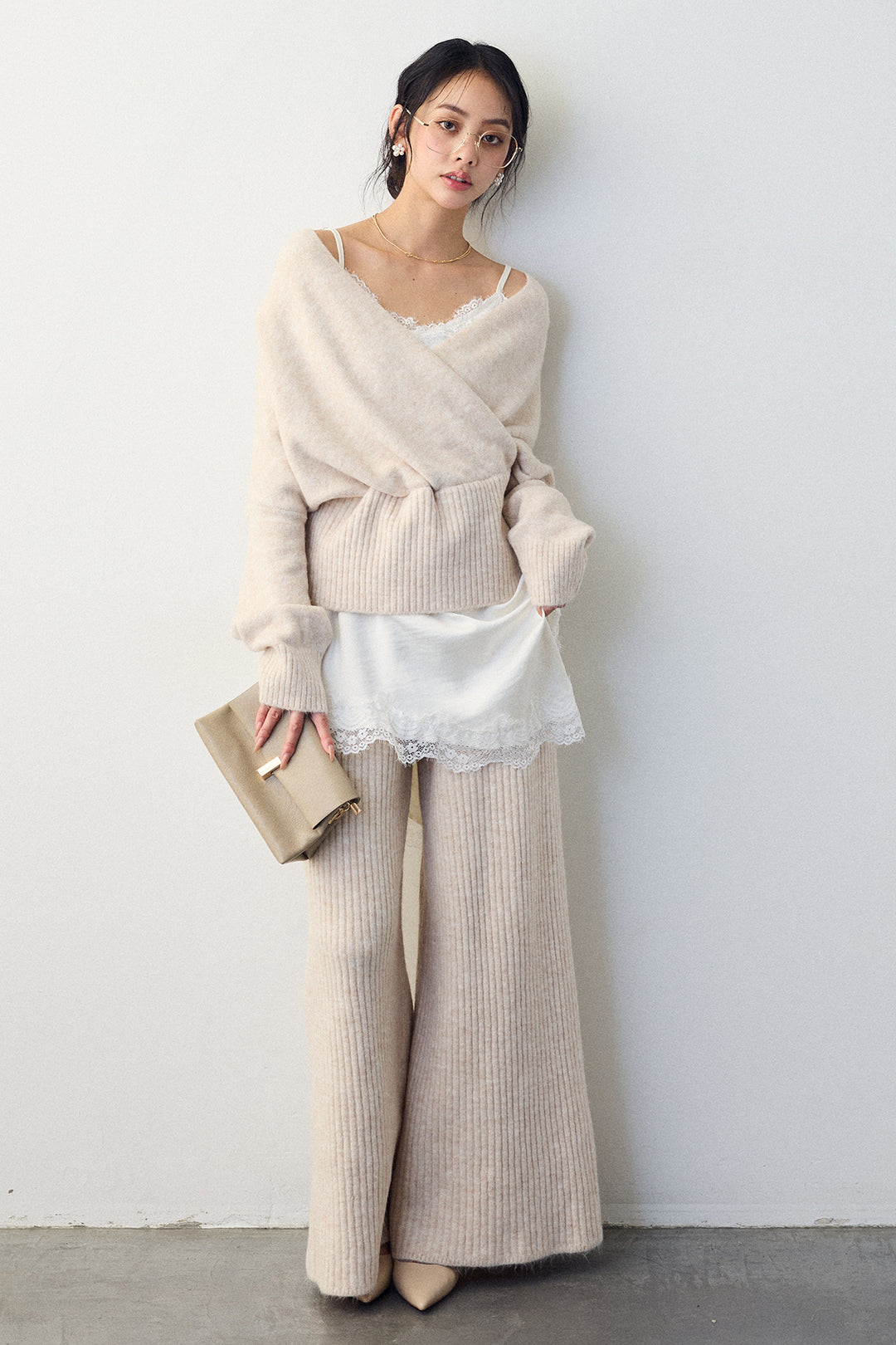 [予約/SET]カシュクール美ラインニットセットアップ+サテンレースアシメキャミ(2set)