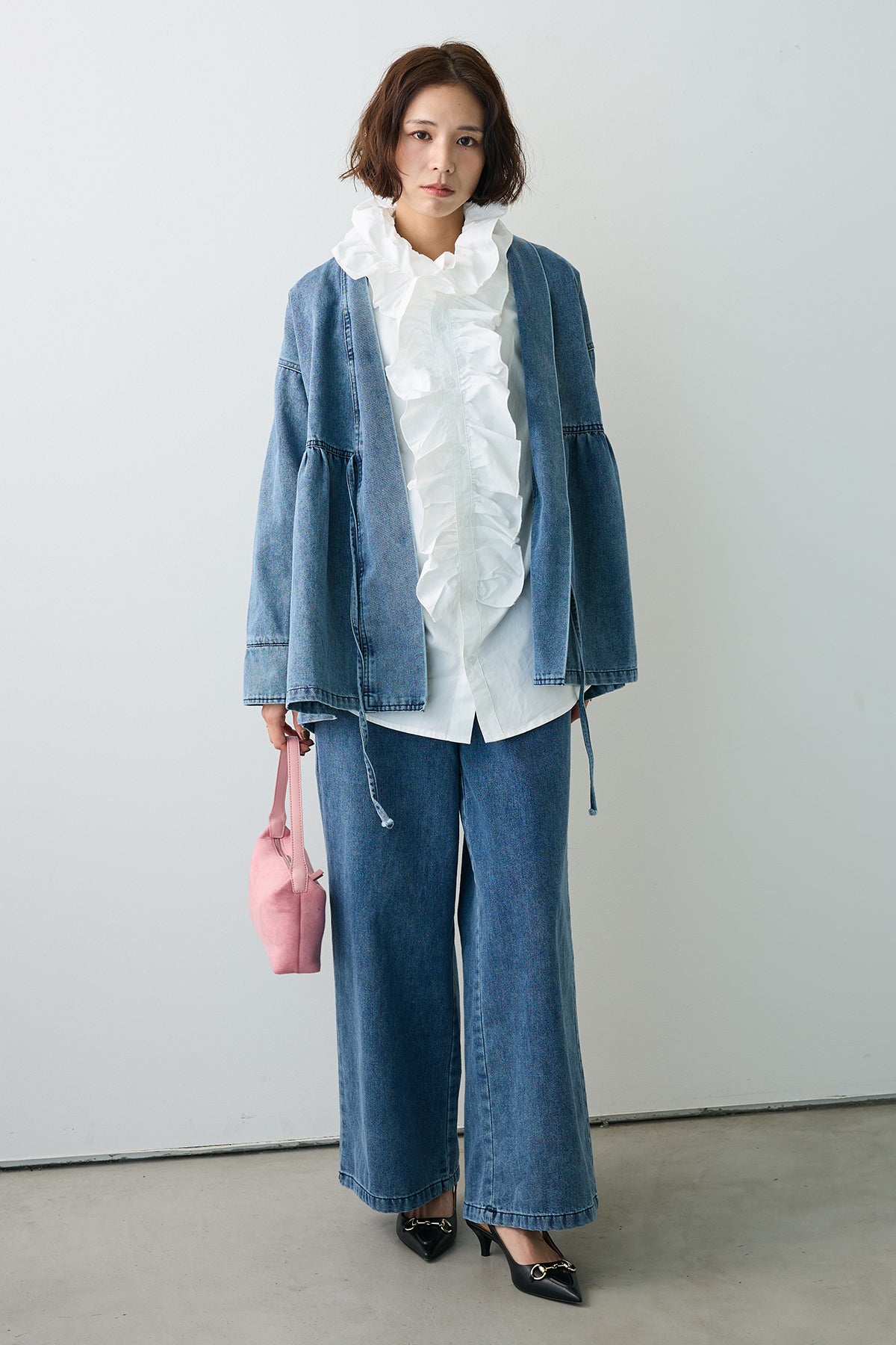 予約/親子SET][kids]ボックスプリーツデニムセットアップ+ブルーム