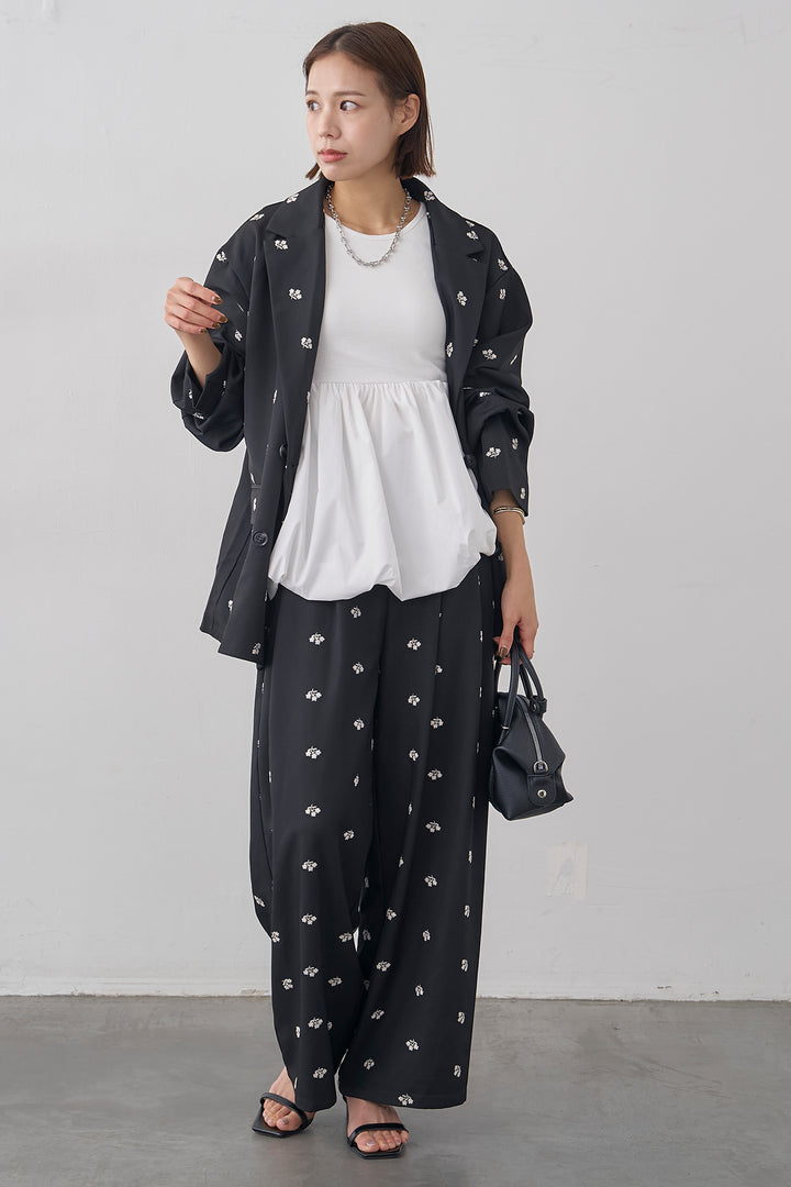 [予約/SET]フラワー刺繍ツイルテーラードジャケット+フラワー刺繍ツイルストレートパンツ(2set)