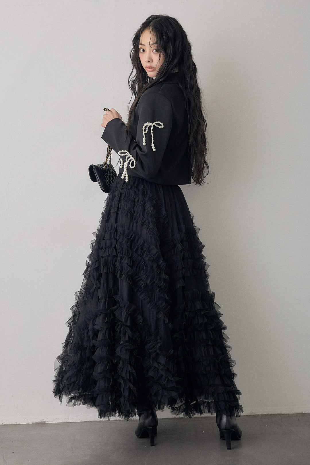 [予約/SET]パールリボンクロップドジャケット+スフレアシメチュールスカート(2set)