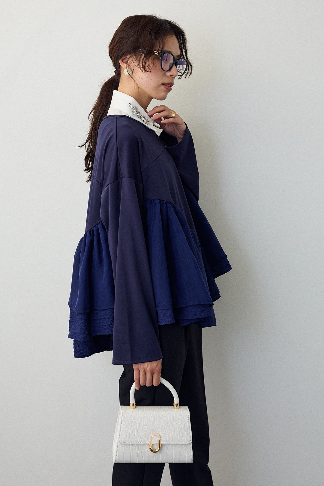 [予約/SET]ビジュー付け襟+フリルテール異素材切替チュニック+タックテーパードパンツ(3set)