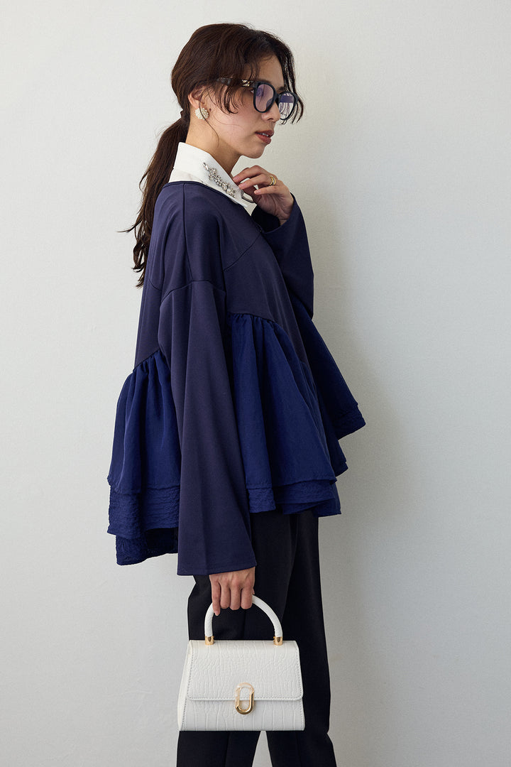 [予約/SET]ビジュー付け襟+フリルテール異素材切替チュニック+タックテーパードパンツ(3set)