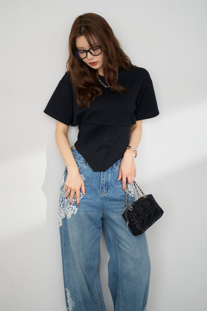 [予約/SET]バックレースアップTシャツ+レースプリントデザインデニムパンツ(2set)