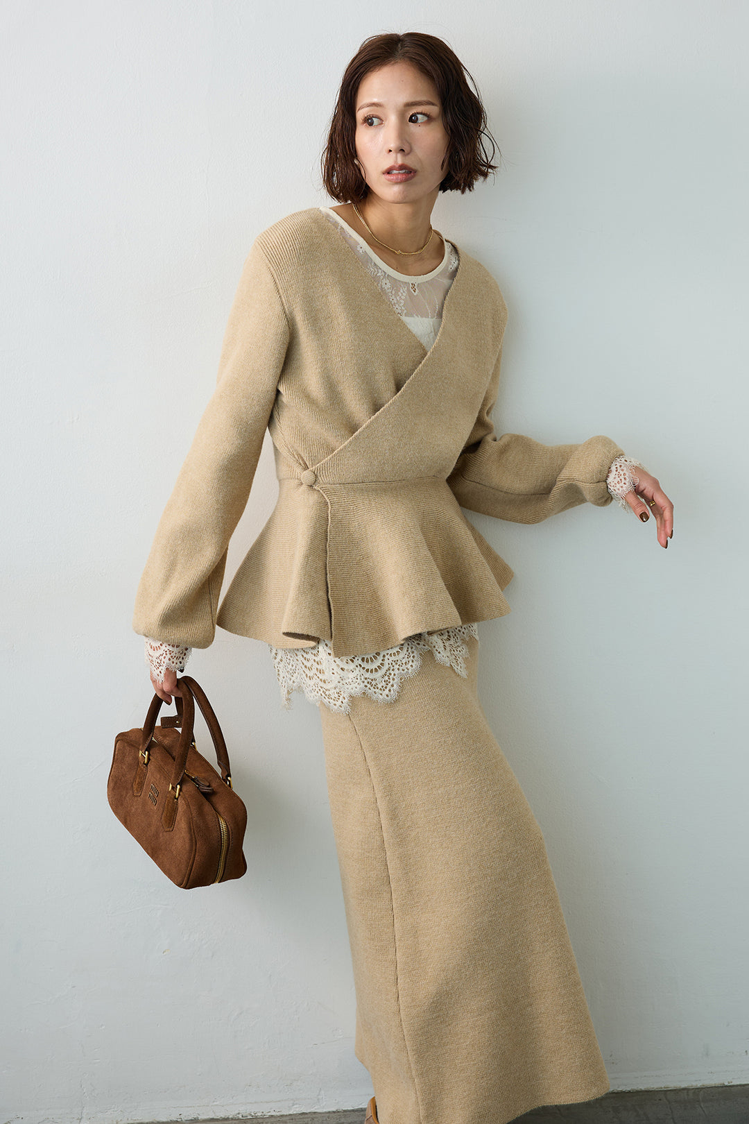 [予約/SET]ファインレーストップス+カシュクールフレアニットスカートセットアップ(2set)