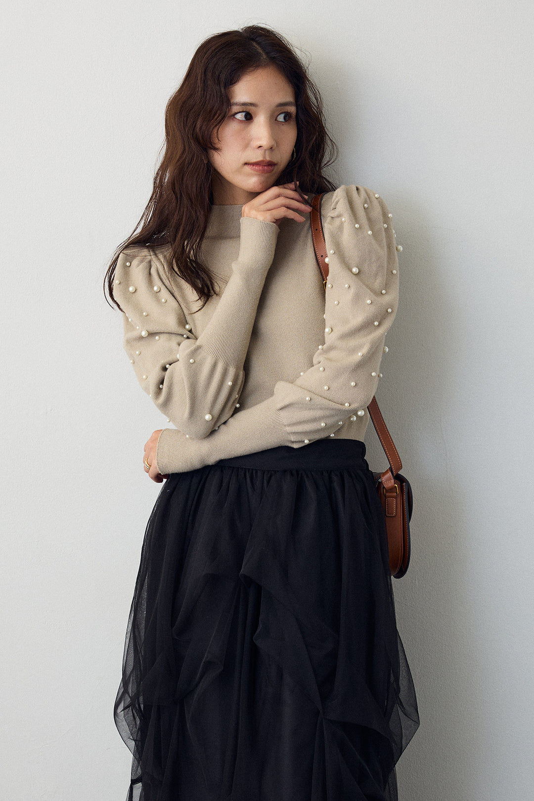 [予約/SET]パフスリーブランダムパールニット+マルチパターンタックチュールスカート(2set)
