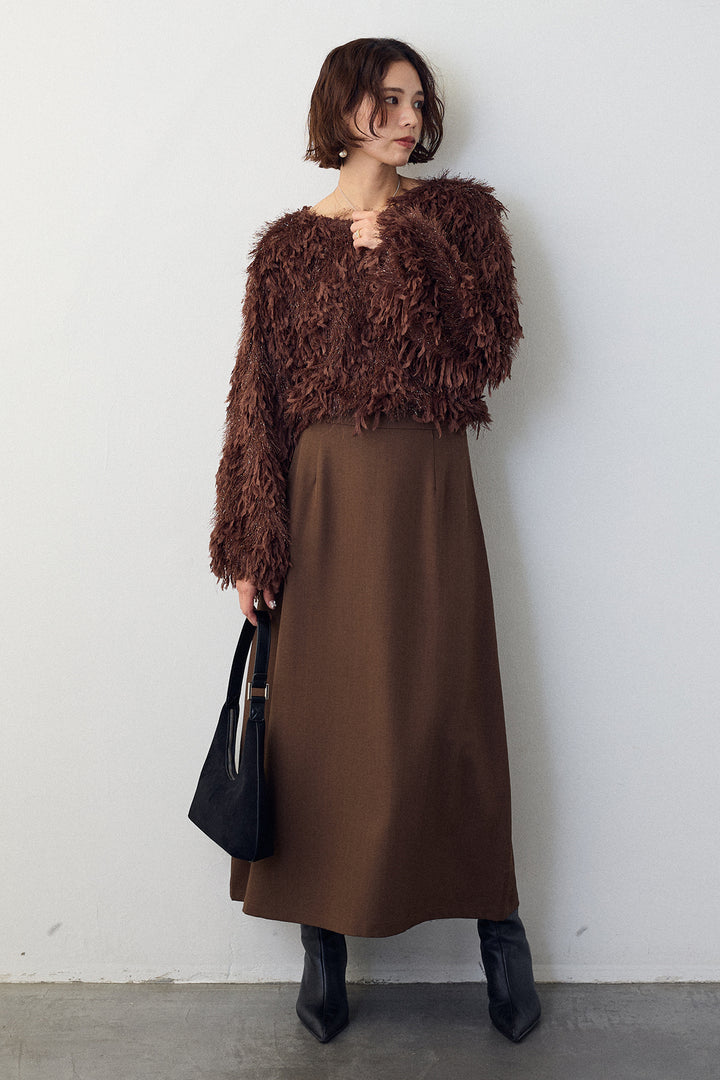 [予約/SET]フリンジラメシャギーニットプルオーバー+バックリボンセミフレアスカート(2set)