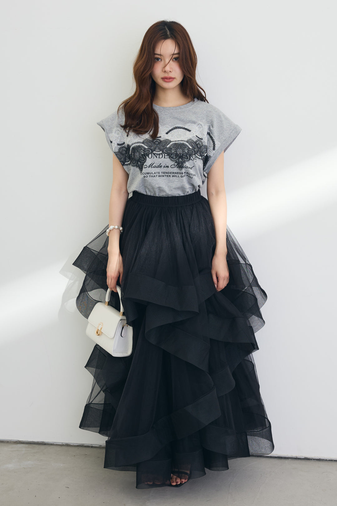 [予約/SET]レースデザインロゴTシャツ+ランダムチュールドラマティックスカート(2set)