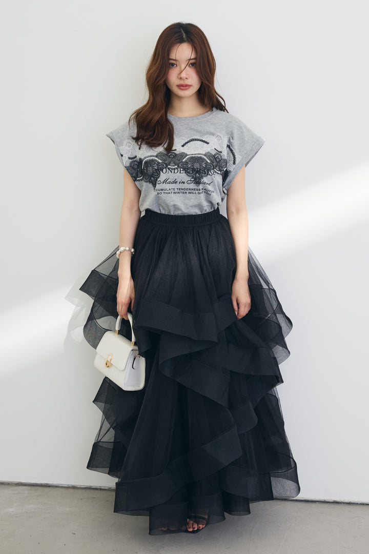 [予約/SET]レースデザインロゴTシャツ+ランダムチュールドラマティックスカート(2set)