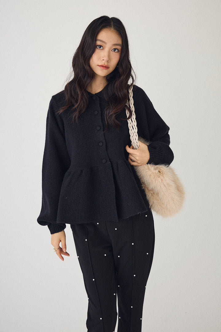 [予約/SET]ポロ襟ペプラムニットプルオーバー+センターシームランダムパールパンツ(2set)