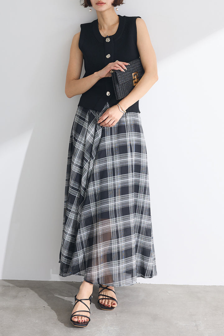 [予約/SET]ニュアンスボタンベスト+シフォンチェックシアースカート(2set)