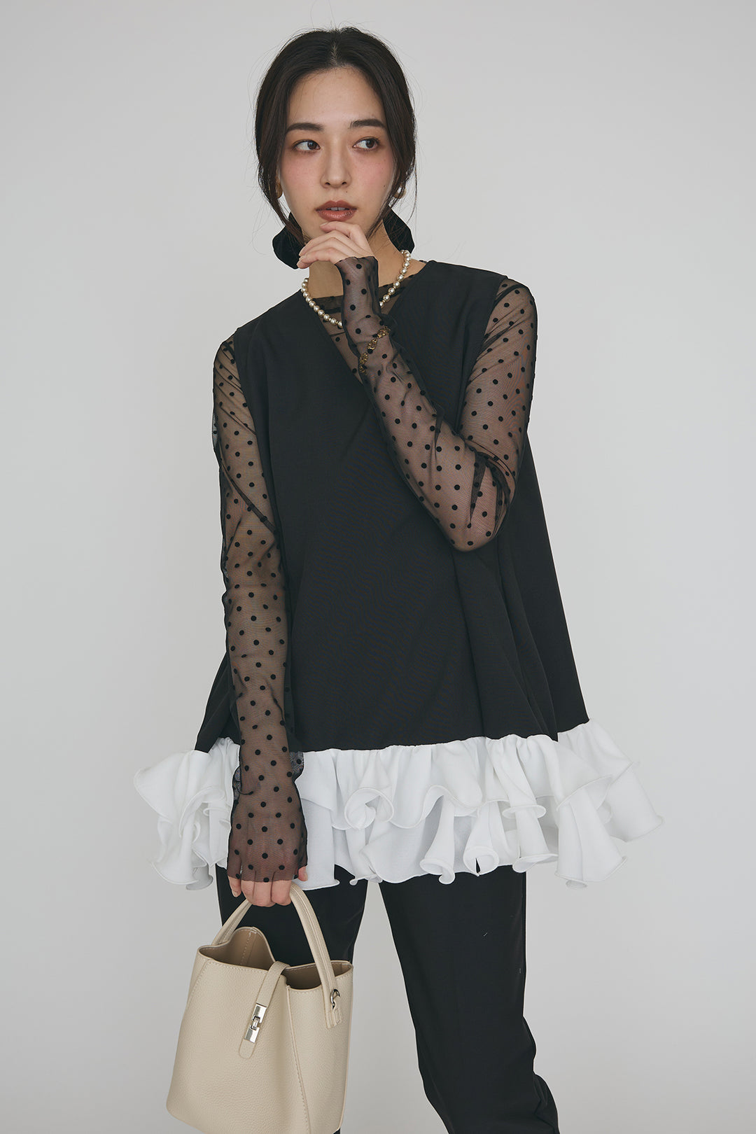 [予約/SET]シアードットフロッキートップス+異素材フリルヘムVネックチュニック+タックテーパードパンツ(3set)