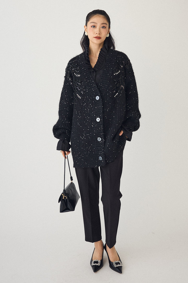 [予約/SET]ダブルプリーツカラーブラウス+ビーズフラワースパンコールシャイニーニットカーデ+タックテーパードパンツ(3set)